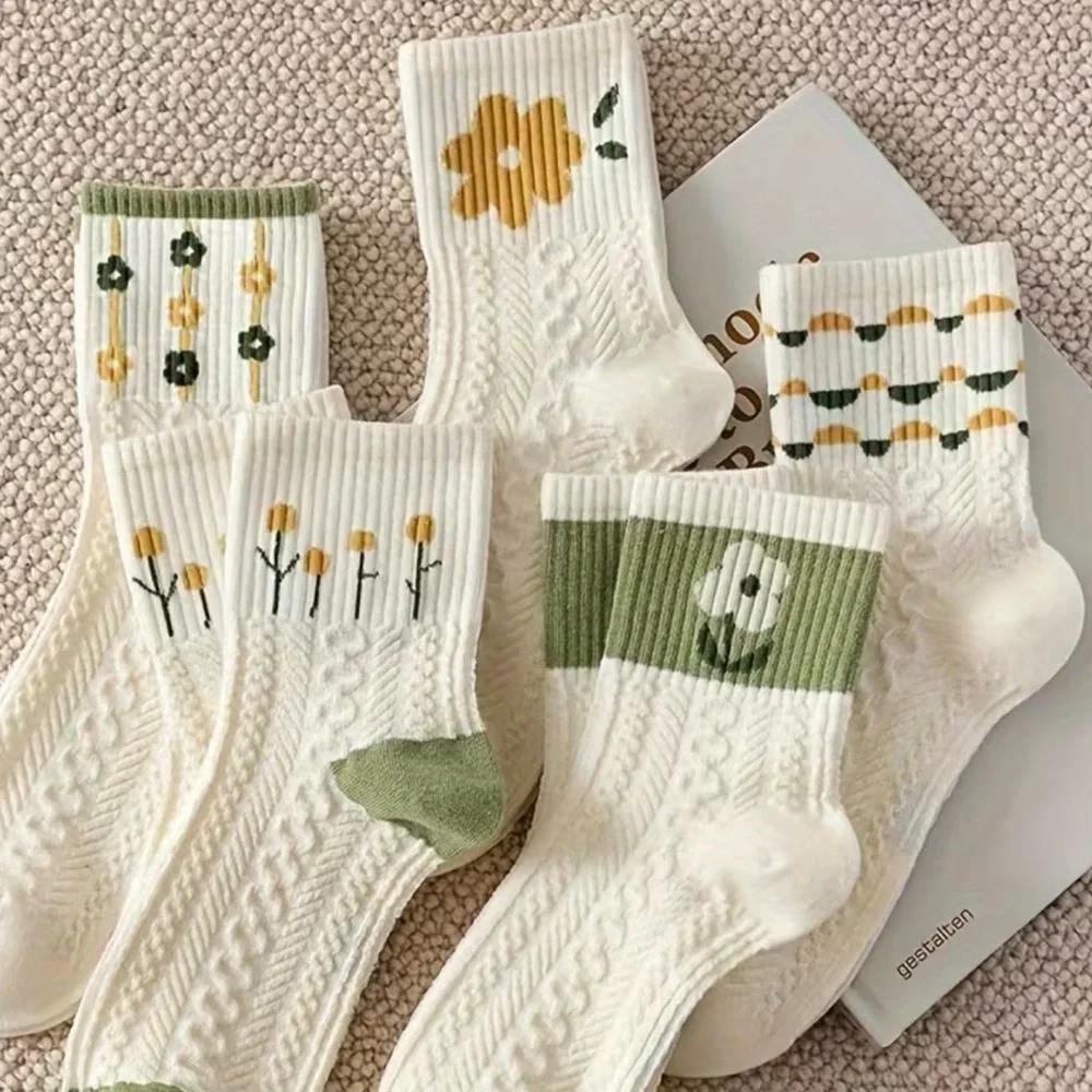 New 5pair Mid Tube socks Embroidered Green Clover floral ribbed cuffs cable knit